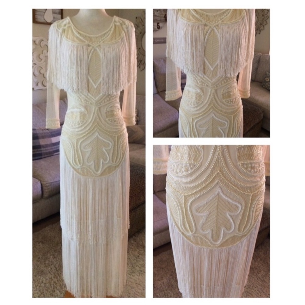 Glam Cream Beaded Fringe Maxi Dress